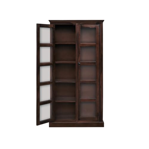 Image of Book Shelf Wooden with Door, Bookshelf with Glass Door for Home Library, Solid Wood Bookcase Wooden Crockery Cabinet for Kitchen - Walnut Finish