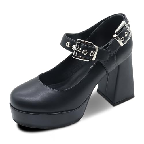 Women's Closed Toe Chunky Platform Block Heels Ankle Strap Goth Mary Janes Shoes