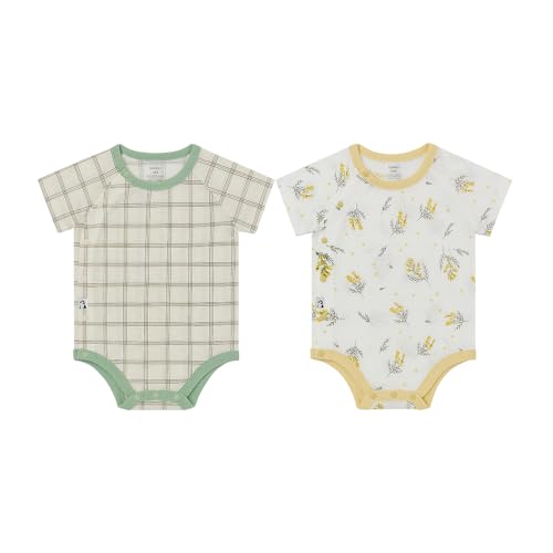 Konny Baby Bodysuit 2-Pack Cotton Mesh Short-Sleeve Newborn Baby Boy Girl Spring Summer Clothes-Green Grid & Mimosa (9-18M)
