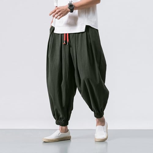 DuDubaby Baggy Pants Men's Cotton Linen Harem Loose Stretchy Waist Casual Hippie Trousers Lightweight Beach2