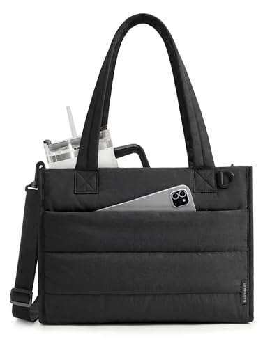 BAGSMART Small Tote Bag for Women, Puffer Quilted Work Tote Bag, Zipper Closure for Work Travel College, Black