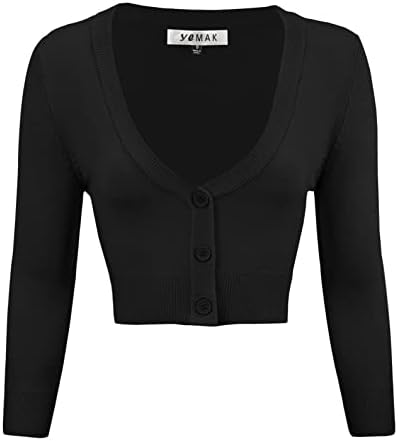 YEMAK Women's Cropped Bolero Cardigan – 3/4 Sleeve V-Neck Basic Classic Casual Button Down Knit Soft Sweater Top CO129-BLK-M Black
