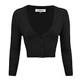 YEMAK Women's Cropped Bolero Cardigan – 3/4 Sleeve V-Neck Basic Classic Casual Button Down Knit Soft Sweater Top CO129-BLK-L Black