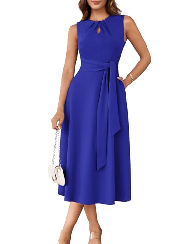 Image of GRACE KARIN Women 2026 Work Dress Sleeveless Tie Waist Elegant Party Cocktail A Line Flowy Midi Dresses with Pockets