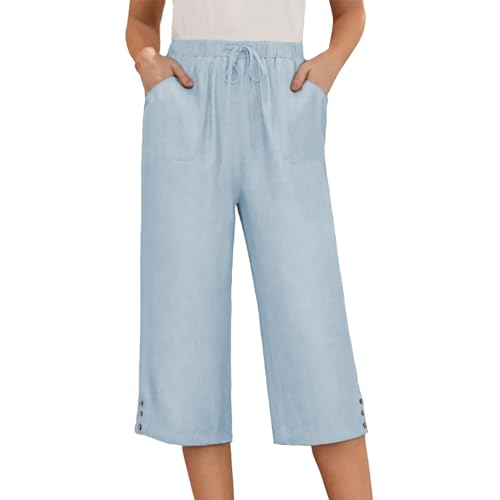 gokkilrw womens linen capri pants with pockets elastic waist drawstring dressy casual crop pants wide leg lloose boho capris