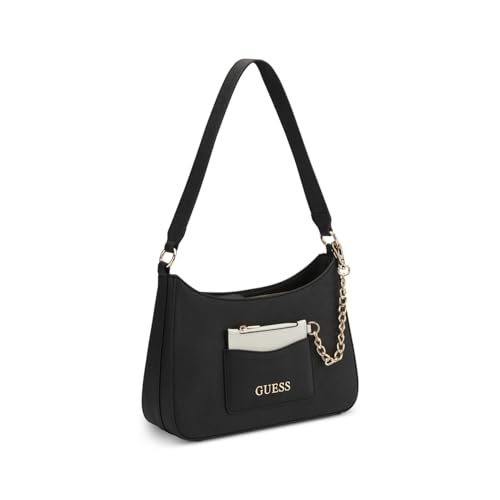 Image of Guess Women Black Textured Shoulder Bag with Strap and Pouch