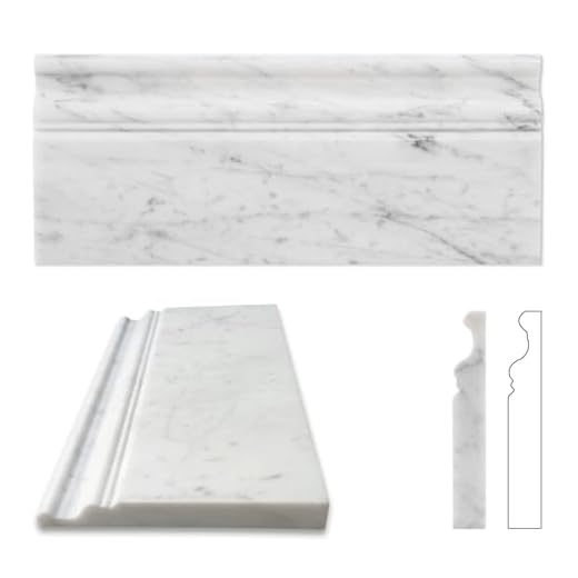 Diflart Carrara White Marble Baseboard Molding Trim, 5x12 Inch, Polished, Bianco Italian Carrera Skirting Base Moulding for Bathroom Wall and Kitchen Backsplash