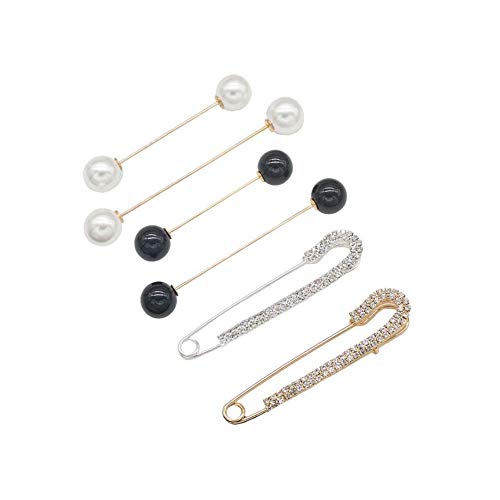 6Pcs Faux Pearl Crystal Brooches Safety Pins Sweater Shawl Clips Set Dresses Cardigan Collar Safety Pins Scarves Clasp Pin Jewelry Brooches Pins for Women Girls Costume Decoration Accessory