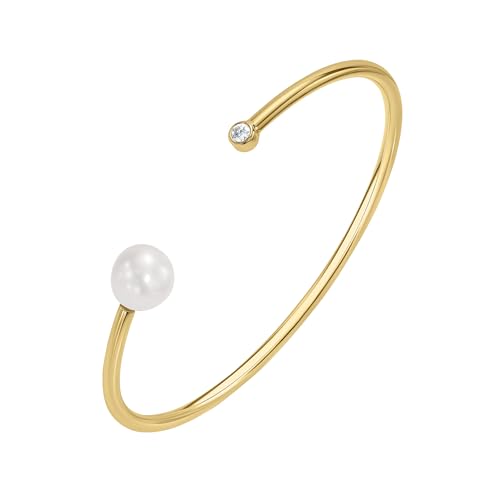 14K White/Yellow Gold Plated Silver Bracelet With Freshwater Cultured Pearl and 0.10 TCW Round Brilliant Diamond/Emerald, Bracelet For Women, Gift For Her Jewelry For Women