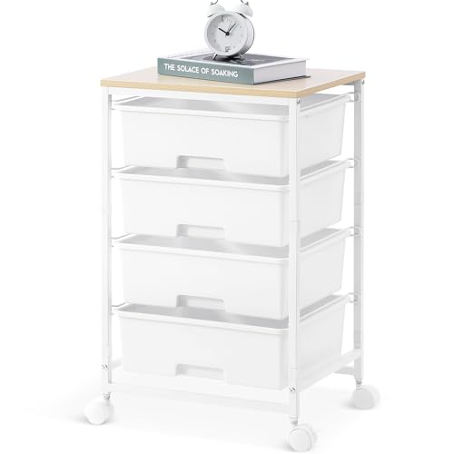 SYKIARIOL Chariot de Rangement à 4 tiroirs sur roulettes avec Plateau de Table en Bois, pour...