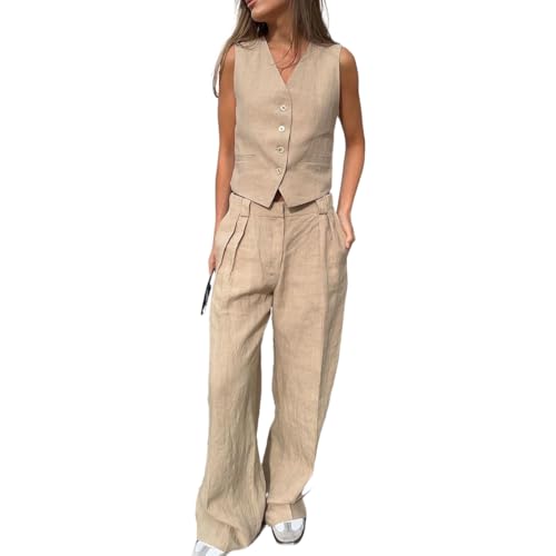 Women's 2 Piece Outfits V Neck Crop Vest Blazer and Wide Leg Suit Pants Business Casual Sets