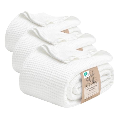 Image of Bedsure 100% Cotton Blanket Queen Size for Bed - Cooling Breathable and Soft for Summer, Thick Cozy Waffle Weave Blanket Gifts for Women, White, 90x90 Inches (Pack of 3)