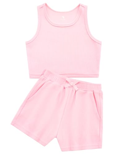 Image of Stelle Girls 2 Piece Outfits Tank Top and Shorts with Pockets 5-15 Years | Girls Ribbed Tops,Crop Tops,Scoop Neck,Sleeveless Tops,Elastic Waist Shorts,Bow Waist,Side Pockets