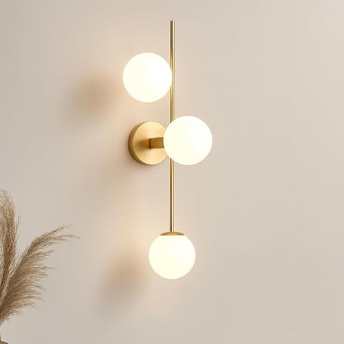 Applique da Parete Moderna con 3 Sfere Opaline - Design Minimalista in Oro e Bianco per Soggiorni, Camere da letto, Corridoi (Sfere in Plastica)