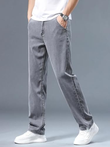Summer Men's Loose Straight Jeans Business Casual Trousers Grey 343