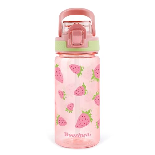 wooshwa Kids Water Bottle for School, 16 Oz Plastic Water Bottle with Silicone Spout and Pop-Up Cover, BPA Free & Dishwasher Safe (Strawberry)