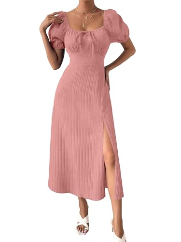 Image of Shasmi Women's & Girl's Tie Front Split Thigh Milkmaid Maxi Dress - Square Neck Puff Sleeve A-Line Long Dress, Elegant Casual & Parties Wear for Ledies (Dress 245)