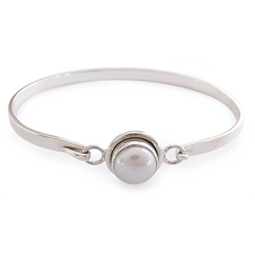 Novica Handmade Cultured Freshwater Pearl Bangle Bracelet Indian .925 Sterling Silver White Birthstone 'Aesthetic Moon' #TOP21