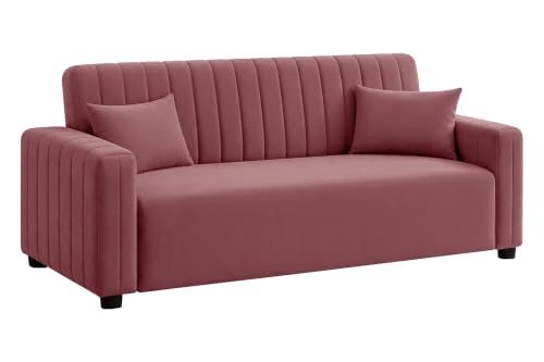 Image of Modern 3 Seater Sofa | Vertical Channel Tufted Backrest & Armrests | Plush Cushioned Seating | Contemporary Upholstered Couch for Living Room, Bedroom & Office - Rose Pink Color
