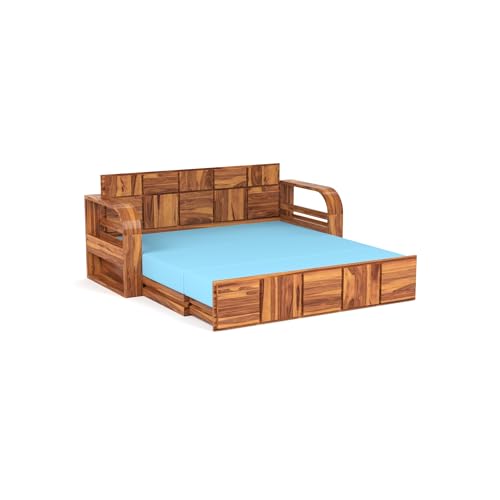 Image of Mamta Furniture Sheesham Wood Sofa Cum Bed with Storage for Living Room Bedroom | Wooden Diwan Sofa Set with Cushions and Blue Mattress Support | Honey Finish