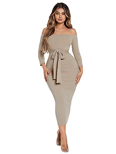 SheIn Women s Off Shoulder Tie Front Maxi Bodycon Dress Long Sleeve Belted Dresses Khaki Large