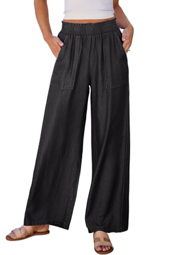 Women's High Waist Wide Leg Jeans with Ruffles and Side Pockets - Black