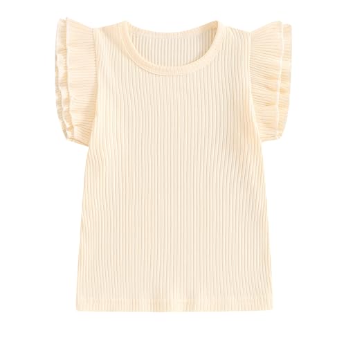 Toddler Girls Basic T-Shirts Top Ruffle Sleeve Crew-Neck Ribbed Knitted Cotton Kids Plain Shirts Summer Tops