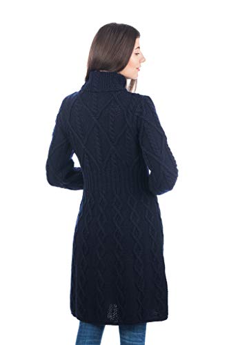 Saol 100% Merino Wool Aran Cable Long Knit Women Cardigan Coat With Celtic Knot Buttons (Navy, Large) #TOP2