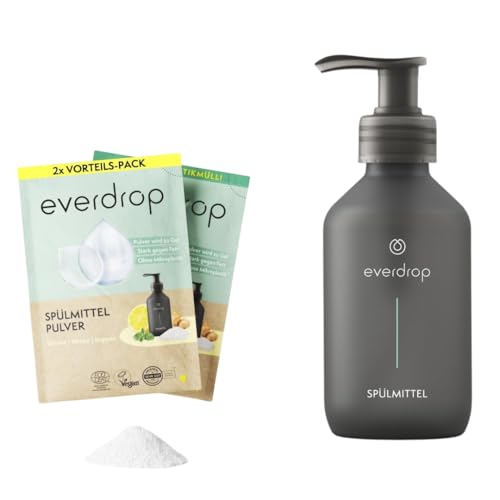 everdrop Spülmittel Starter Set (2x 25g Pulver - inklusive Spülmittelflasche) - Effektive und starke Reinigung gegen Fett mit Limonen-Minze-Ingwer Duft