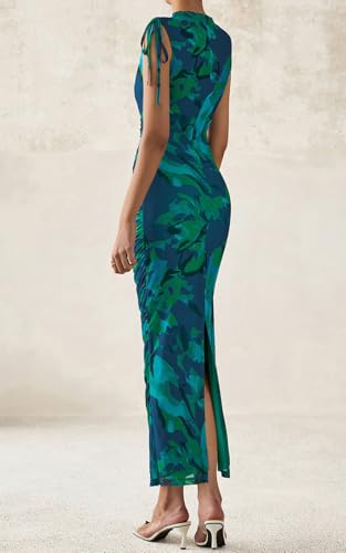 PRETTYGARDEN Women's Summer Maxi Floral Dresses Ruched Bodycon Sleeveless Mesh Formal Wedding Guest Cocktail Split Long Dress