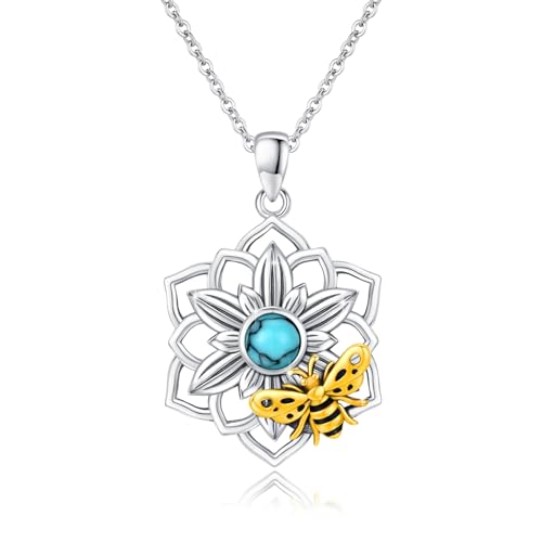 PERZAT Turquoise Lotus Necklace 925 Sterling Silver Bee Pendant Necklace Yoga Necklace Lotus Flower Jewelry Gift for Women Mom