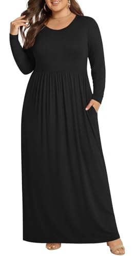 POPYOUNG Plus Size Maxi Dresses for Curvy Women Long Sleeves Casual Fall Long Dress with Pockets2