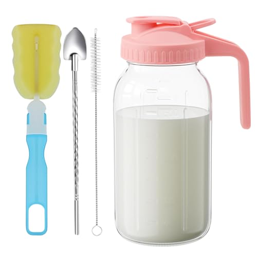 Image of Cnsndqedke 32oz Glass Pitcher with Lid &Pour Spout - 1 Quart Breastmilk Pitcher Double Leak Proof, Creamer Container for Sun Tea, Juice, Cold Brew Coffee, Breastmilk Storage Container -Pink Lid