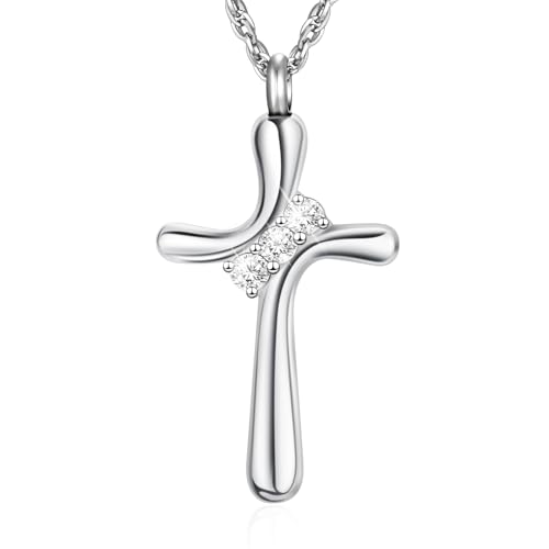 Dletay Cross Cremation Jewelry Crystal Urn Necklace for Men Women Stainless Steel Memorial Ashes Necklace Ash Urn Pendant