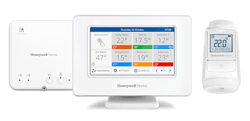 Honeywell Home Evohome House Plus Solution, Smart Wi Fi Central Operador Wi Fi con pantalla táctil a color, módulo de control y termostato de radiador (1)   Espacio para habitación, confort controlado