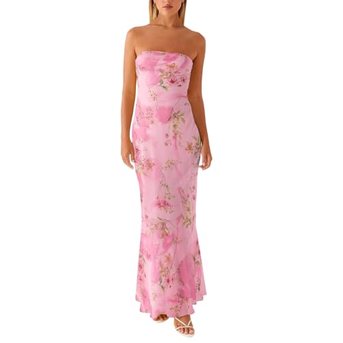 Image of Women Y2k Strapless Maxi Dress Summer Backless Floral Long Tube Dress Off Shoulder Cocktail Party Dress
