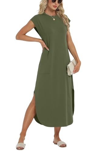 Image of HiMONE Beach Vacation Dresses for Women 2025 Sundress Cap Sleeves Casual Maxi Beach Dress with Pockets XS-2XL