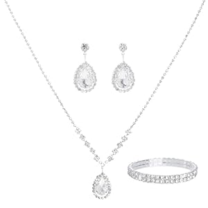 Women Jewelry Set Silver Necklace Earrings Bracelet Rhinestone Crystal Bridal Wedding Jewelry Sets for Brides Bridesmaid Wedding Party