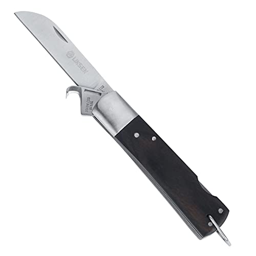 linsen-outdoor Black Man Large Size Double Blade Garden Folding Knife with Straight Blade and Hook Blade| Grafting Pocket Knife | Pruning Knife Made of Stainless Steel Blade and Black Wooden Handle