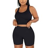 Workout Sets for Women 2 Piece Plus Size Seamless Ribbed Crop Tank Top and High Waist Biker Shorts Yoga Outfits Black