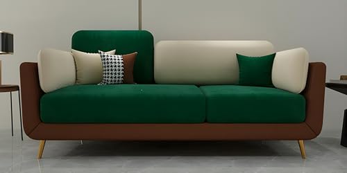 Image of Velvet Contemperory Sofa Couch with Cushion Chaise Lounge Sectional Perfect for Living Room & Bedroom Guests Home & Office (3 Seater Green & Beige)