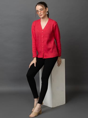 Image of Wear lusso Women's Woolen V-Neck Buttoned Full Sleeve Cardigan Self Design Soft Wool Fabric Winter Wear Pure Wool Sweater with Pockets Stylish Outdoor and Office Wear Girls