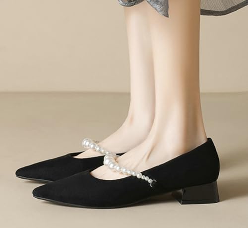 Suede Mary Jane Shoes Women Chunky Low Heels Pearl Strap Pumps Flat Shoes Dressy Pointed Toe Ballet Flats Causal Slip on Daily Dress Shoes3