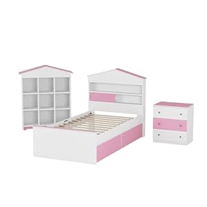 Bovza3piecekidsbedroomsettwinsizehouseshapedbedwithstorageheadboardanddrawerscolorblocknightstandand9compartmentbookshelfforboysandgirlspinkwhite  Urban Country Home Decor Bovza 3 piece kids bedroom set twin size house shaped bed with storage headboard and drawers colorblock nightstand and 9 compartment book shelf for boys and girls pink white  urban country home decor