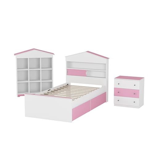Bovza3piecekidsbedroomsettwinsizehouseshapedbedwithstorageheadboardanddrawerscolorblocknightstandand9compartmentbookshelfforboysandgirlspinkwhite  Urban Country Home Decor Bovza 3 piece kids bedroom set twin size house shaped bed with storage headboard and drawers colorblock nightstand and 9 compartment book shelf for boys and girls pink white  urban country home decor
