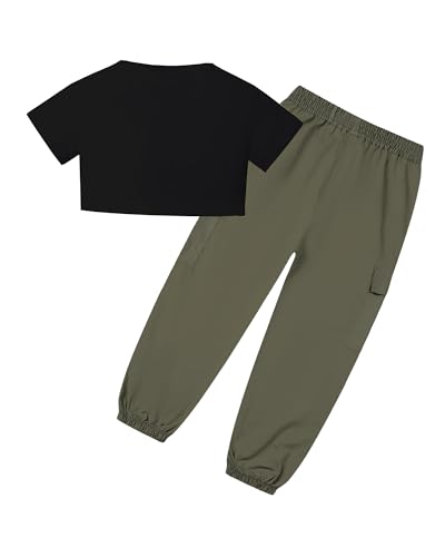 Image of SANGTREE Girls Fall Winter Clothing Sets, Girls Long Sleeve Crop Top and Cargo Jogger Pants Outfit Set,4T-14 Years