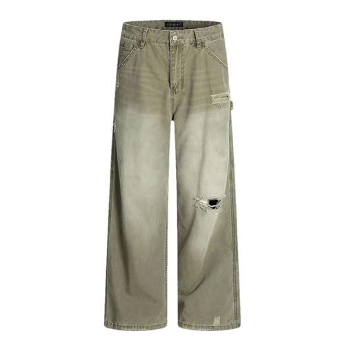 Men Distressed Hole Design Washed Wide Leg American Style Trousers Jeans - Main Image