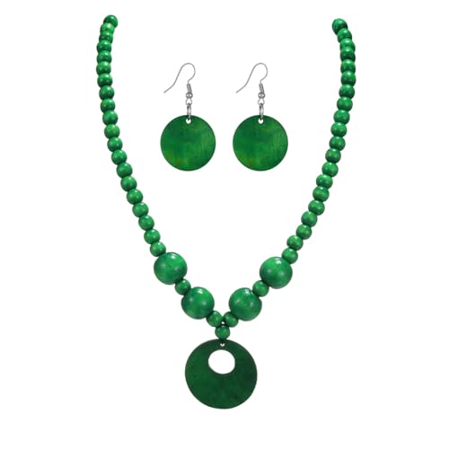 Vintage Wooden Round Beaded Choker Necklace Earrings Set Bohemian Multicolor Wood Beads Sweater Chunky Necklaces Geometric Ethnic Bib Costume Statement for Women Men Weeding Jewelry Gifts-Green