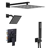 Heable Duscharmatur Set Mattschwarz Duschsystem, Druckknopfumsteller Duscharmatur mit Handheld, Quadratische Wandhalterung 10 Zoll Duschkopf mit 6 Zoll Wandhalterung Duschkopf