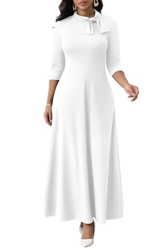 FANDEE Maxi Dress for Women Long Elegant 3/4 Sleeve Bow Tie Neck A Line Casual Party Church Dresses with Pockets